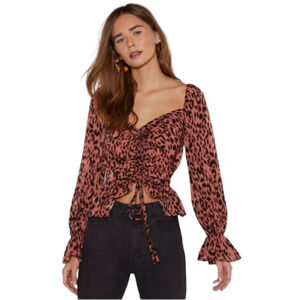 Nasty Gal Leopard Print Ruched‎ Puff Sleeve Blouse Size 6